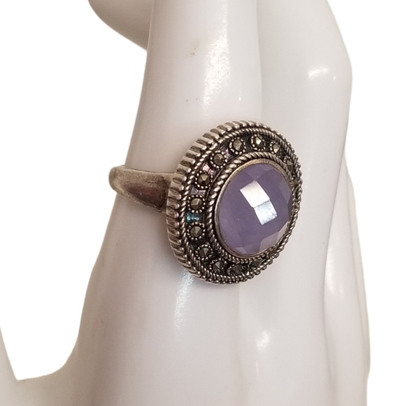 VINTAGE STERLING SILVER RING SET WITH MARCASITE &  GENUINE AMETHYST GEMSTONE - Picture 3 of 8
